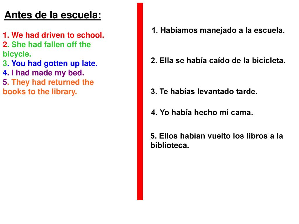 Antes de la escuela: 1. Habíamos manejado a la escuela.