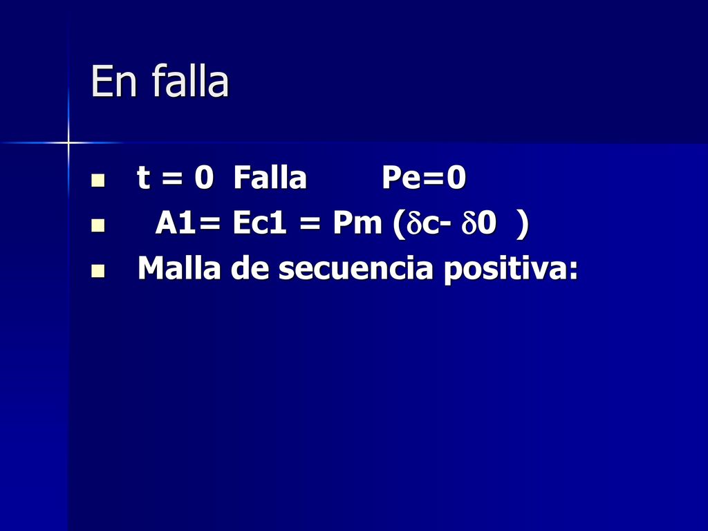 En falla t = 0 Falla Pe=0 A1= Ec1 = Pm (c- 0 )