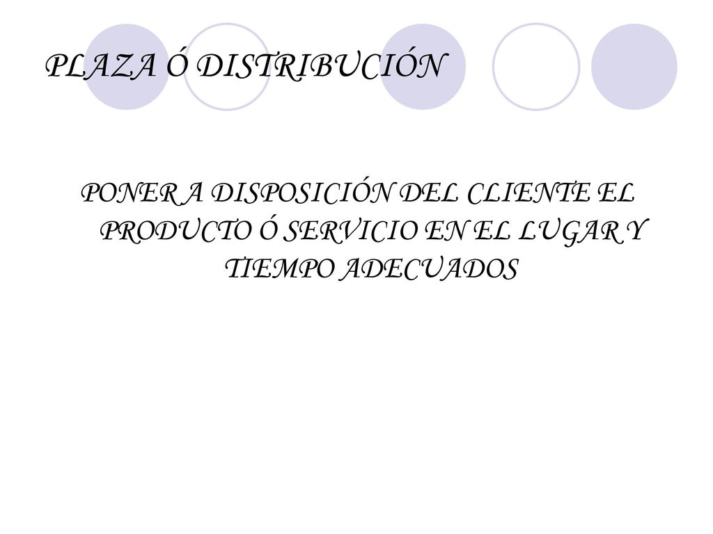 PLAZA Ó DISTRIBUCIÓN PONER A DISPOSICIÓN DEL CLIENTE EL PRODUCTO Ó SERVICIO EN EL LUGAR Y TIEMPO ADECUADOS.