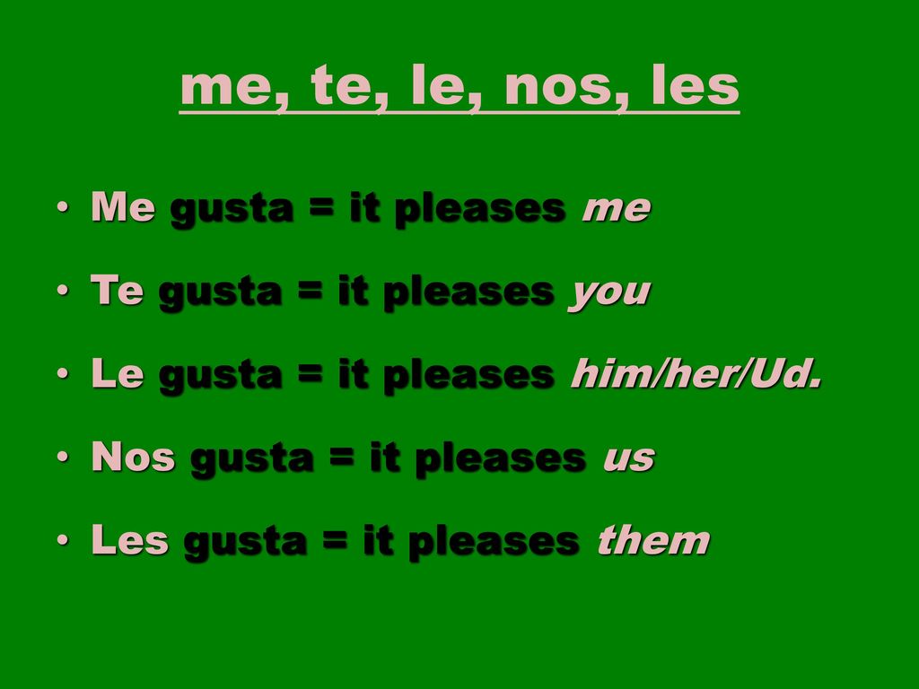 me, te, le, nos, les Me gusta = it pleases me