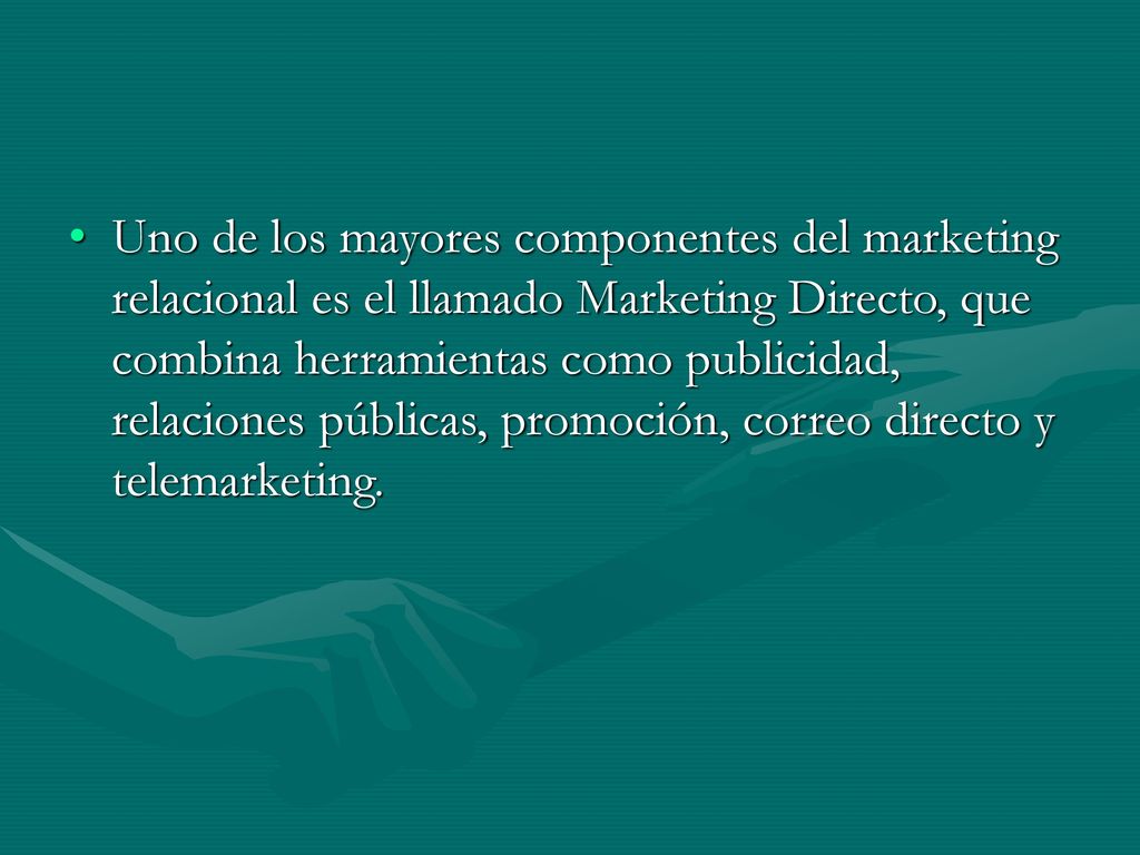 Uno de los mayores componentes del marketing relacional es el llamado Marketing Directo, que combina herramientas como publicidad, relaciones públicas, promoción, correo directo y telemarketing.