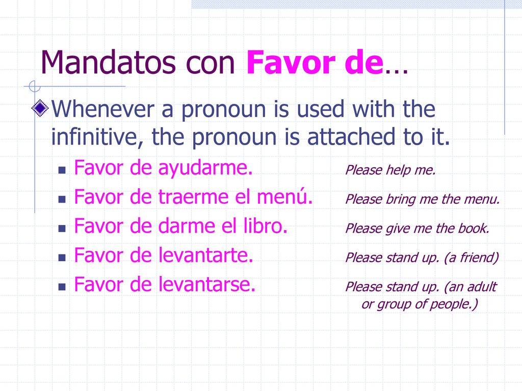 Mandatos con Favor de… Whenever a pronoun is used with the infinitive, the pronoun is attached to it.