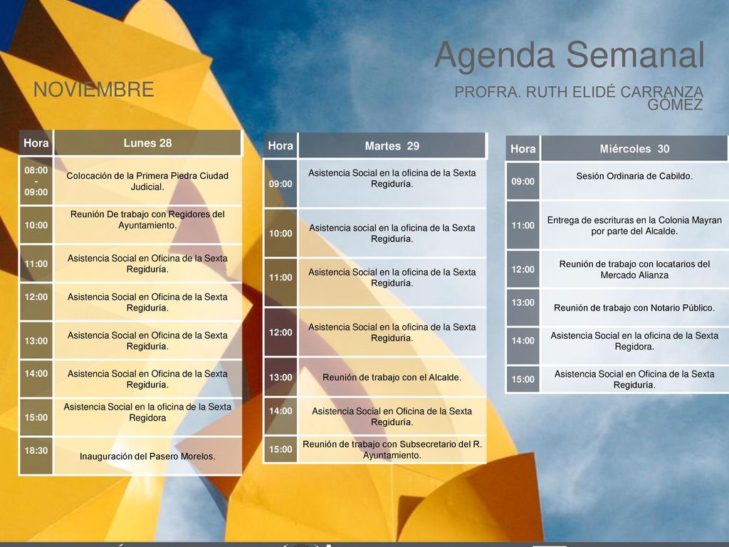 Agenda Semanal NOVIEMBRE Cabildo Torreón PROFRA. RUTH ELIDÉ CARRANZA