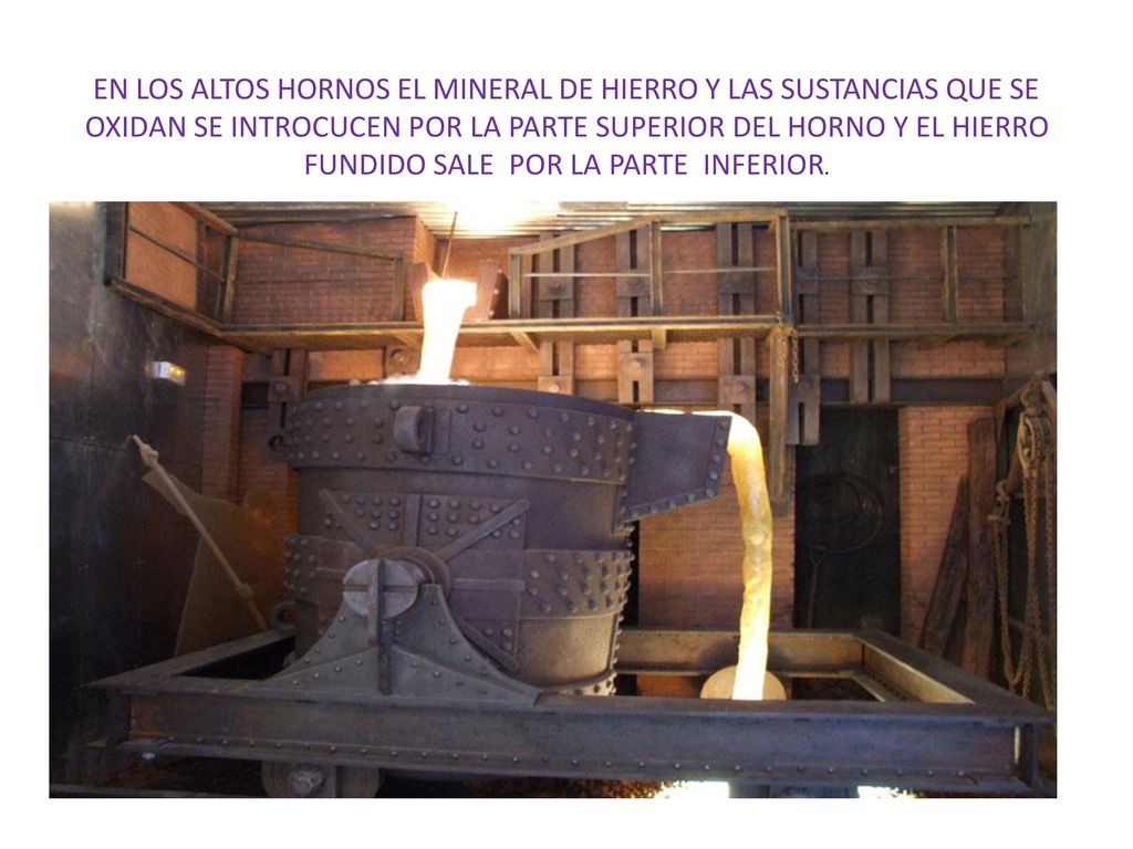 EN LOS ALTOS HORNOS EL MINERAL DE HIERRO Y LAS SUSTANCIAS QUE SE OXIDAN SE INTROCUCEN POR LA PARTE SUPERIOR DEL HORNO Y EL HIERRO FUNDIDO SALE POR LA PARTE INFERIOR.