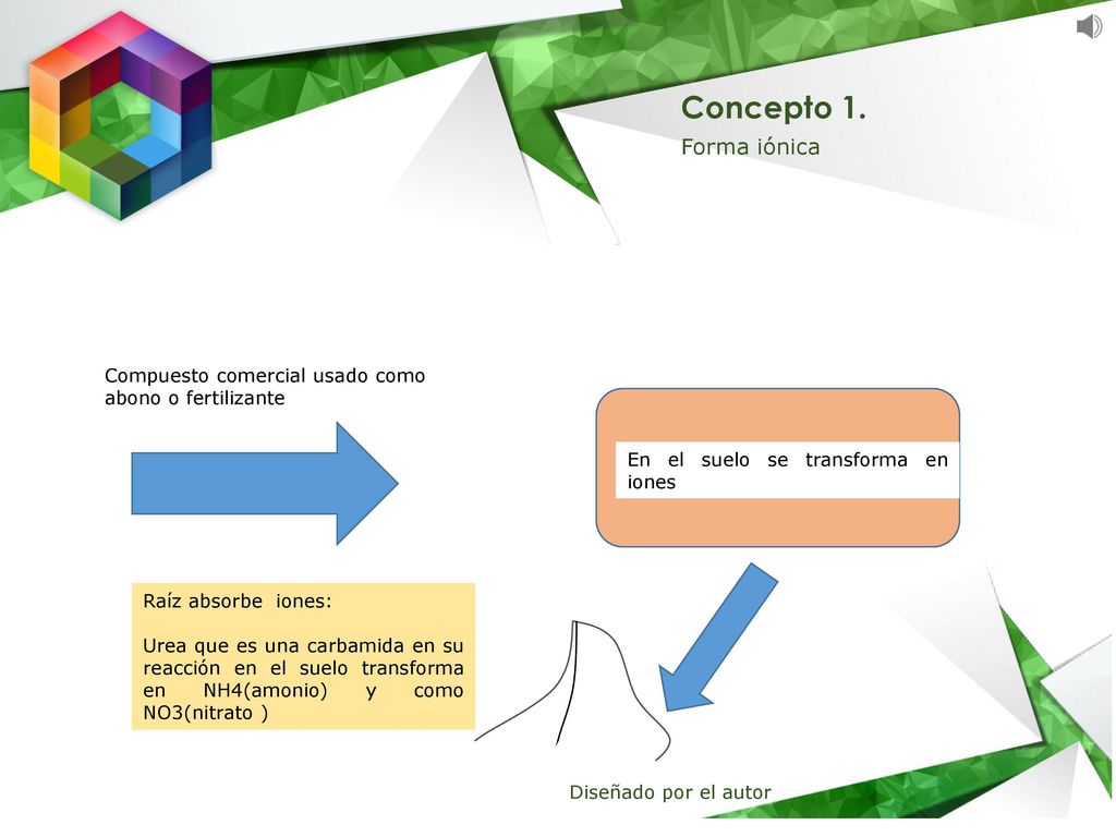 Concepto 1. Forma iónica. Compuesto comercial usado como abono o fertilizante. En el suelo se transforma en iones.