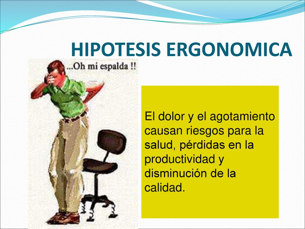 HIPOTESIS ERGONOMICA El dolor y el agotamiento causan riesgos para la salud, pérdidas en la productividad y disminución de la calidad.