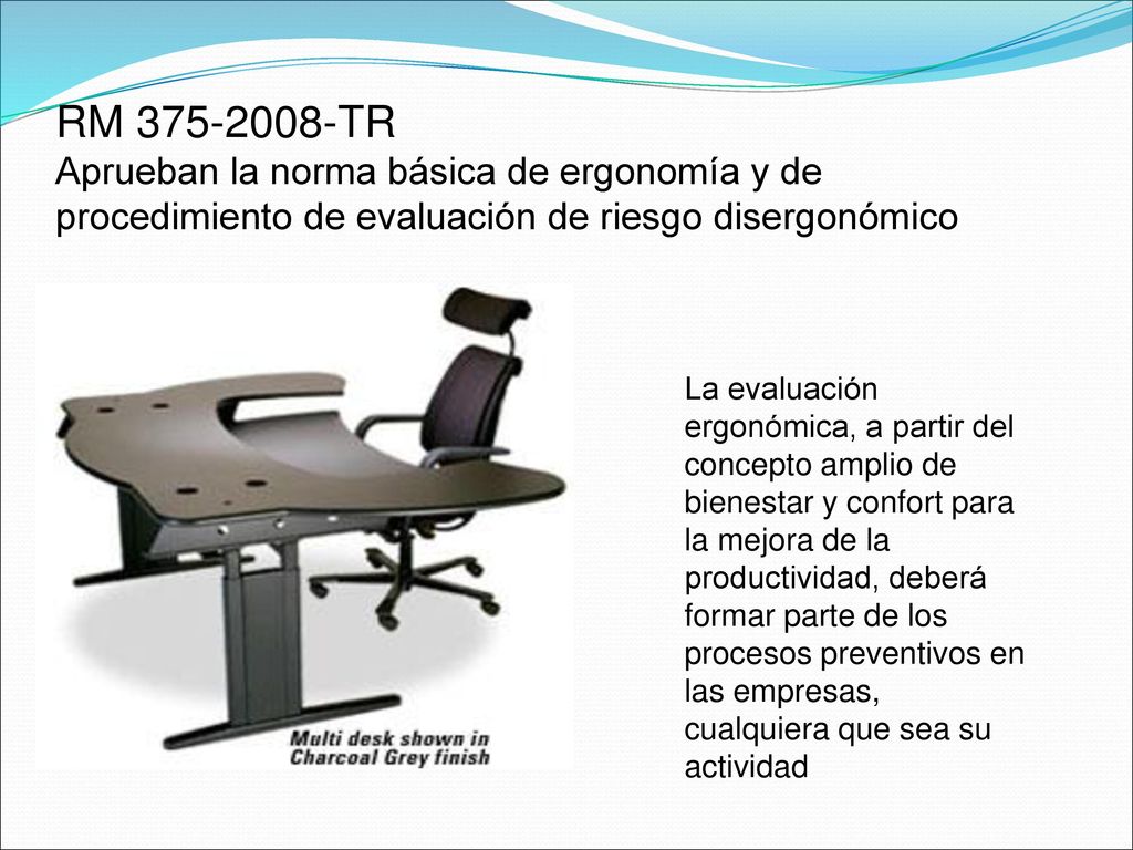 RM TR Aprueban la norma básica de ergonomía y de procedimiento de evaluación de riesgo disergonómico.