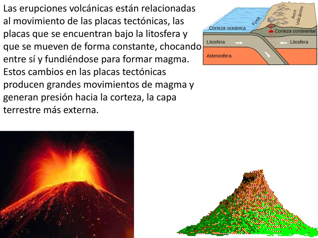 Las erupciones volcánicas están relacionadas al movimiento de las placas tectónicas, las placas que se encuentran bajo la litosfera y que se mueven de forma constante, chocando entre sí y fundiéndose para formar magma.