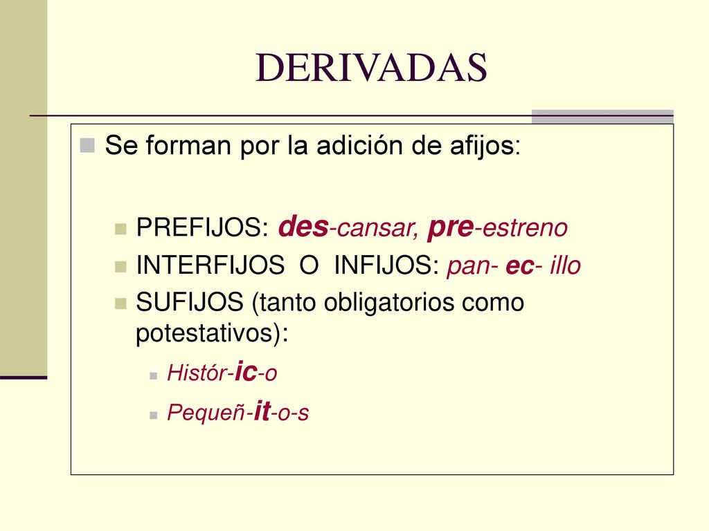 DERIVADAS Se forman por la adición de afijos: