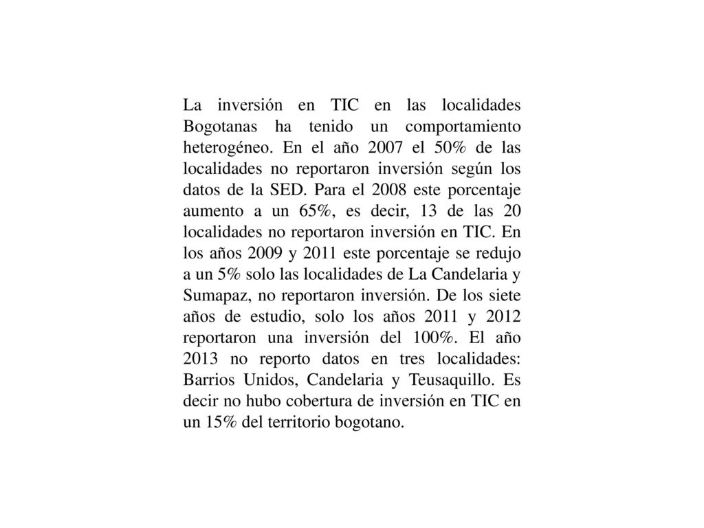 La inversión en TIC en las localidades Bogotanas ha tenido un comportamiento heterogéneo.