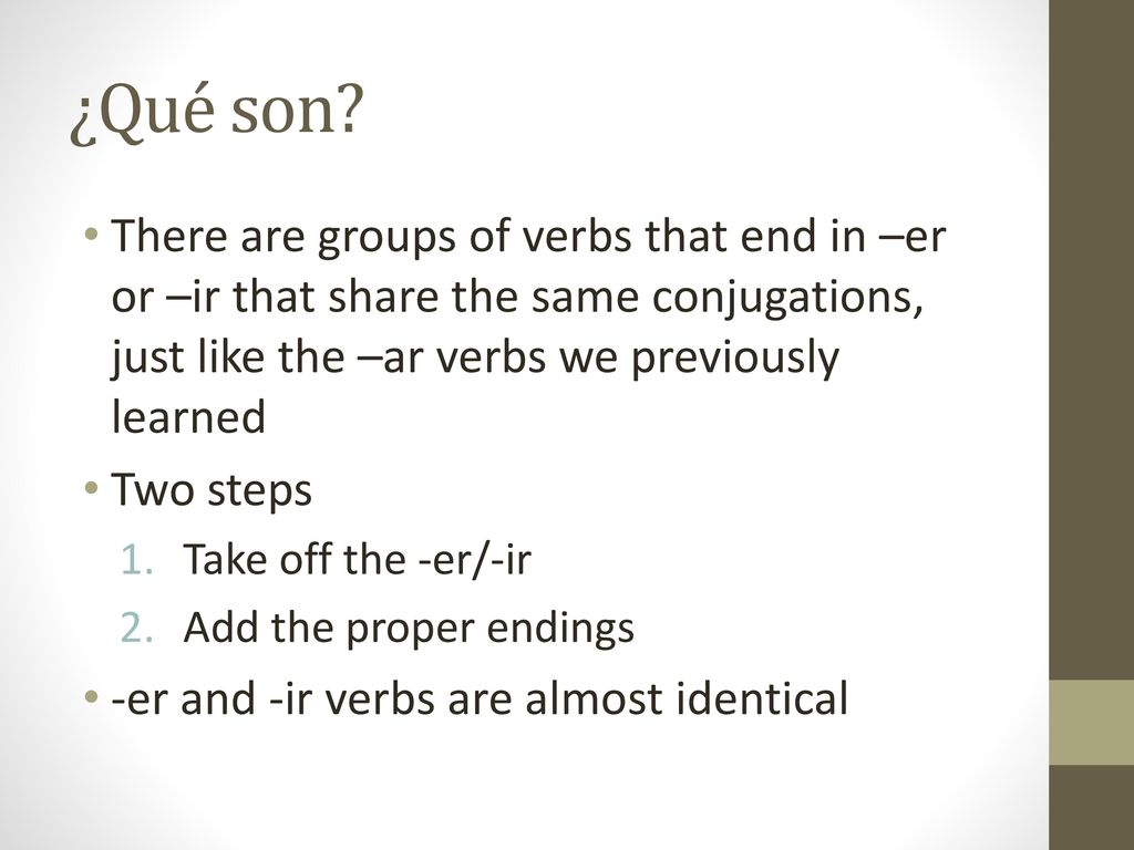¿Qué son There are groups of verbs that end in –er or –ir that share the same conjugations, just like the –ar verbs we previously learned.