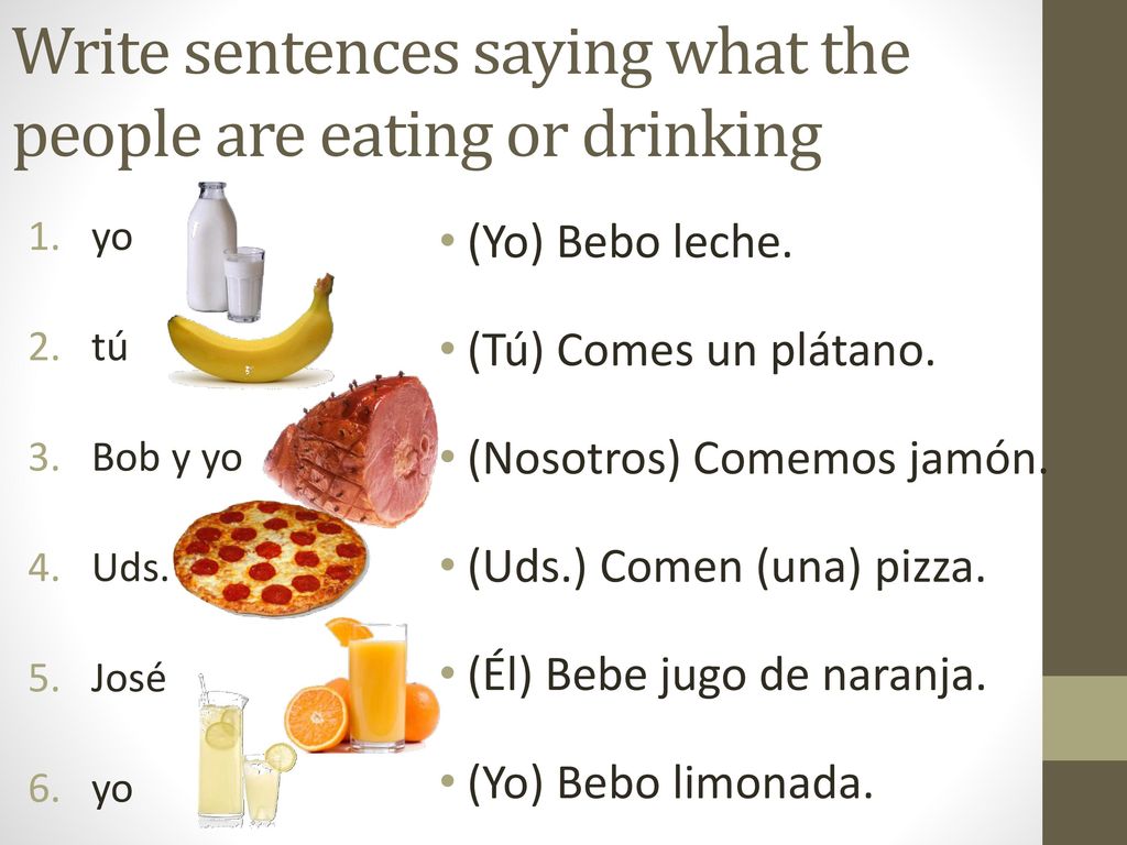 Write sentences saying what the people are eating or drinking