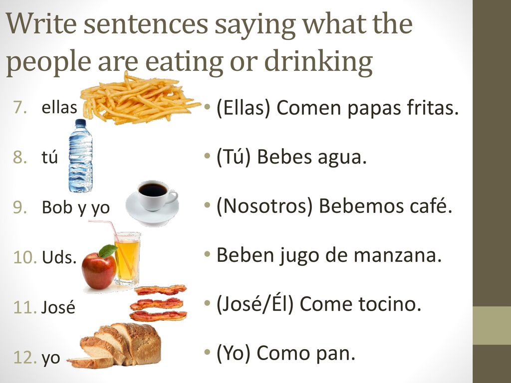 Write sentences saying what the people are eating or drinking