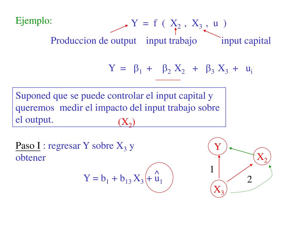 Ejemplo: Y = f ( X2 , X3 , u ) Produccion de output. input trabajo. input capital. Y = 1 + 2 X2 + 3 X3 + ui.