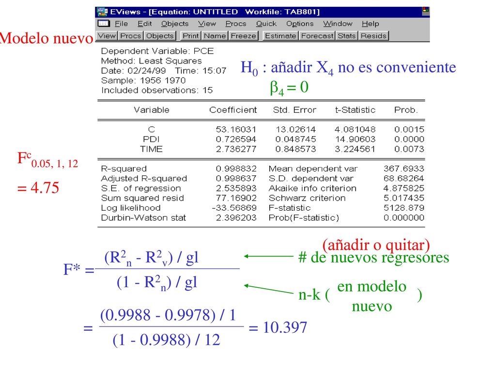 Modelo nuevo H0 : añadir X4 no es conveniente. 4 = 0. Fc0.05, 1, 12. = (añadir o quitar)