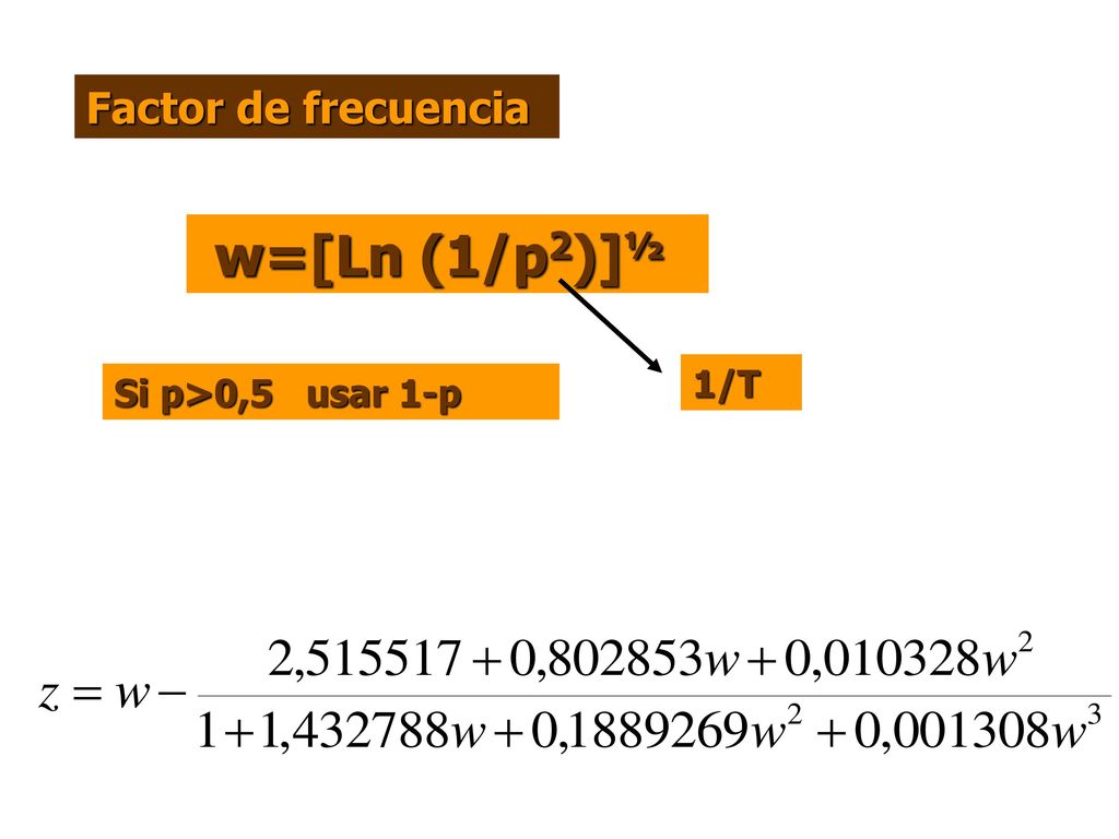 Factor de frecuencia w=[Ln (1/p2)]½ 1/T Si p>0,5 usar 1-p