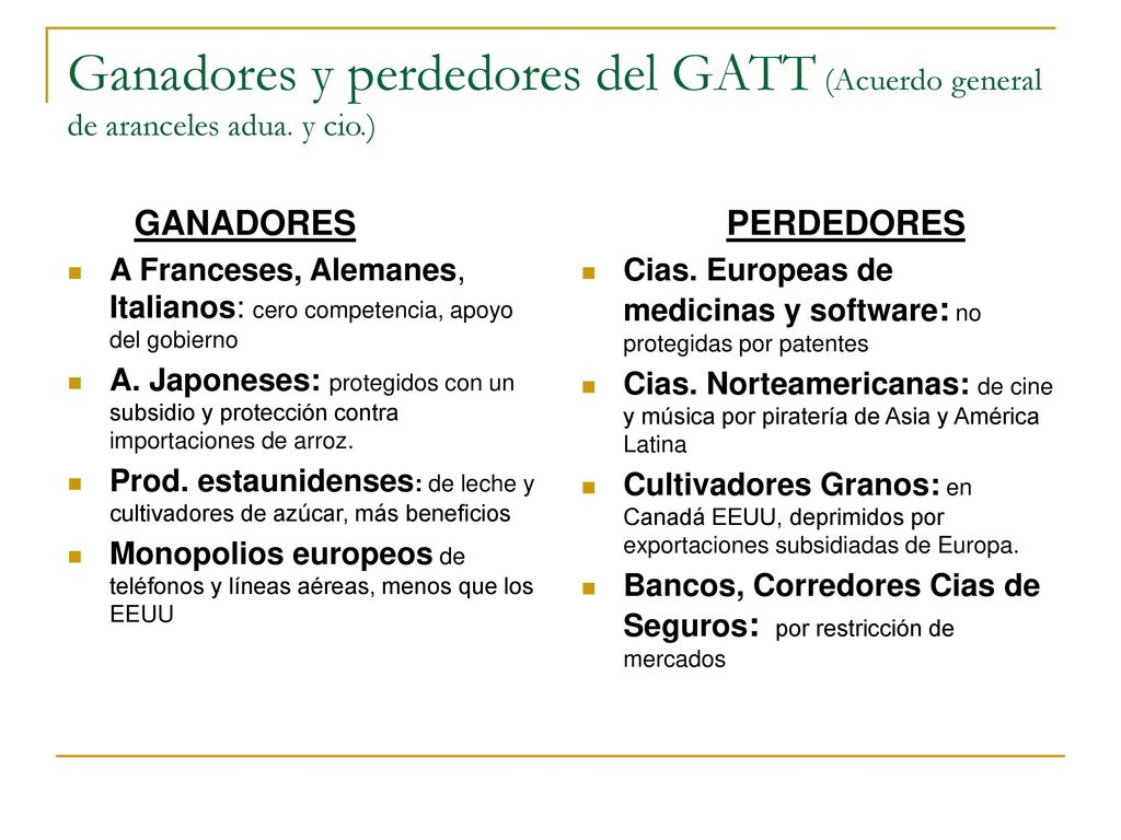 Ganadores y perdedores del GATT (Acuerdo general de aranceles adua