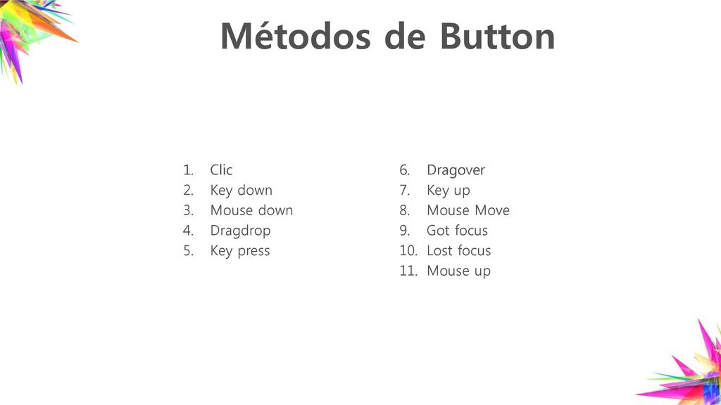 Métodos de Button Clic Dragover Key down Key up Mouse down Mouse Move
