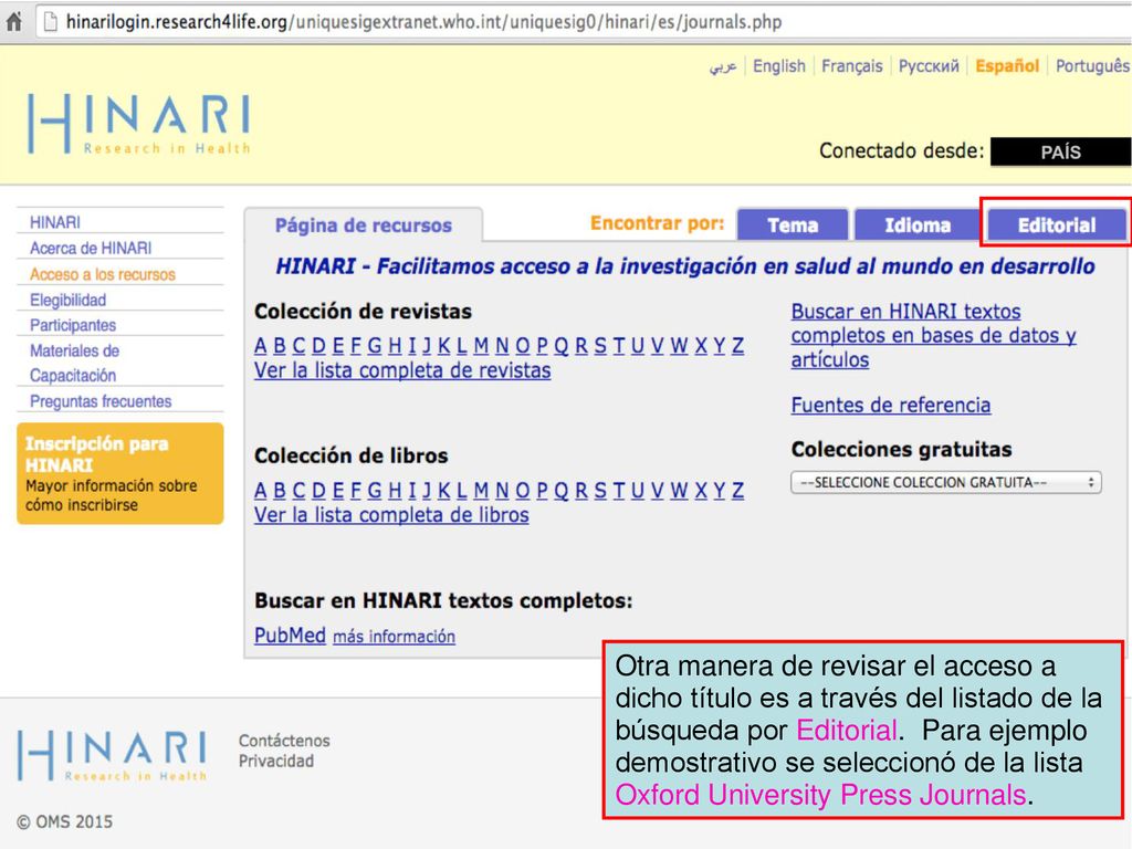 Otra manera de revisar el acceso a dicho título es a través del listado de la búsqueda por Editorial.