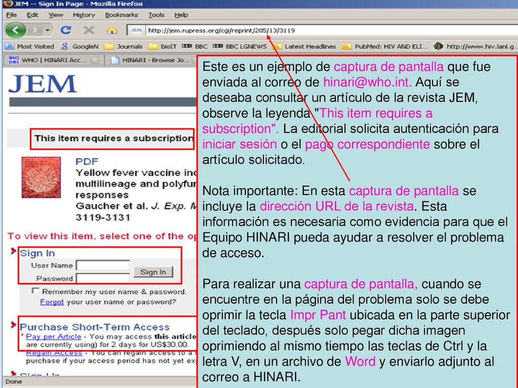 Este es un ejemplo de captura de pantalla que fue enviada al correo de Aquí se deseaba consultar un artículo de la revista JEM, observe la leyenda This item requires a subscription . La editorial solicita autenticación para iniciar sesión o el pago correspondiente sobre el artículo solicitado.