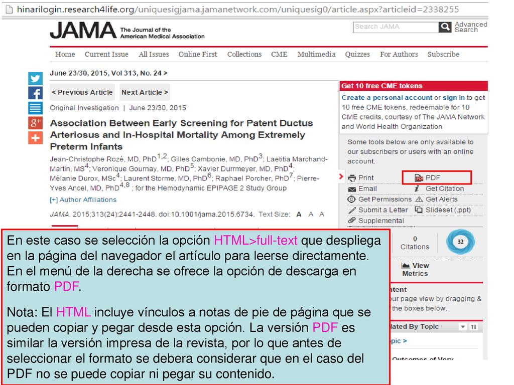 En este caso se selección la opción HTML>full-text que despliega en la página del navegador el artículo para leerse directamente. En el menú de la derecha se ofrece la opción de descarga en formato PDF.