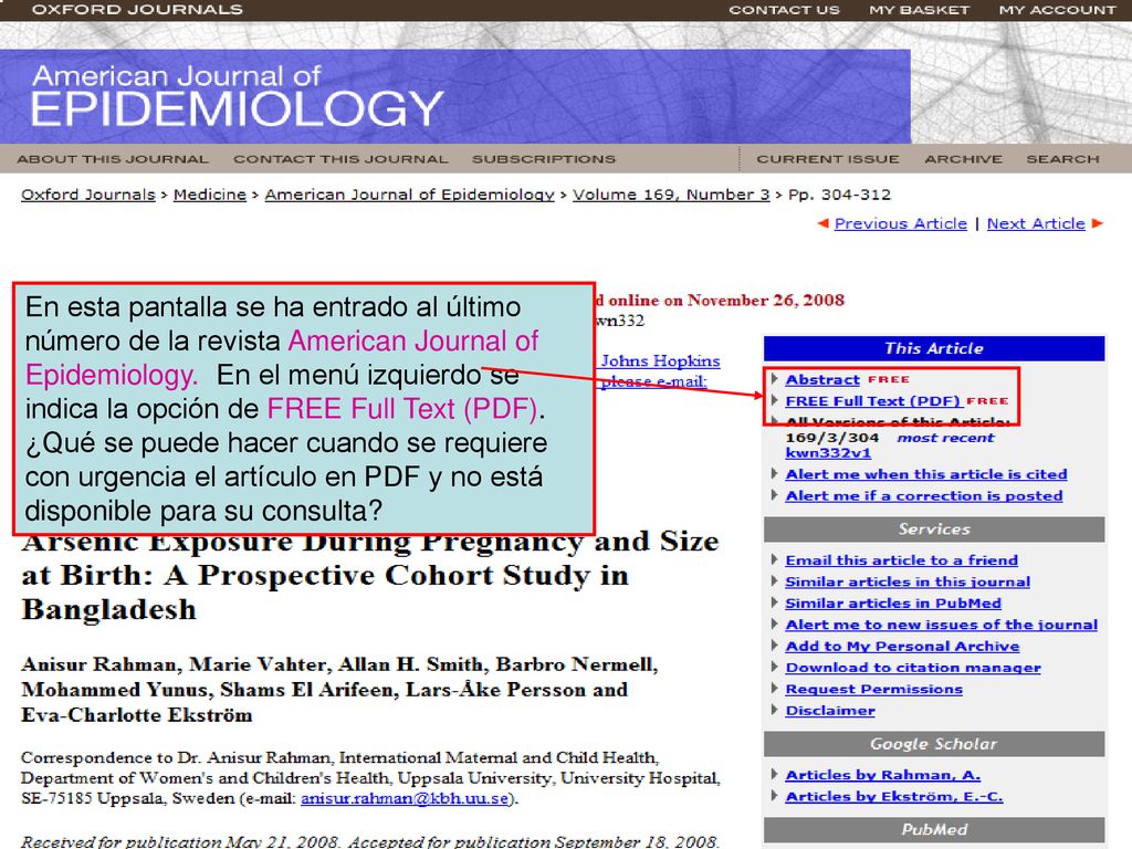 En esta pantalla se ha entrado al último número de la revista American Journal of Epidemiology.