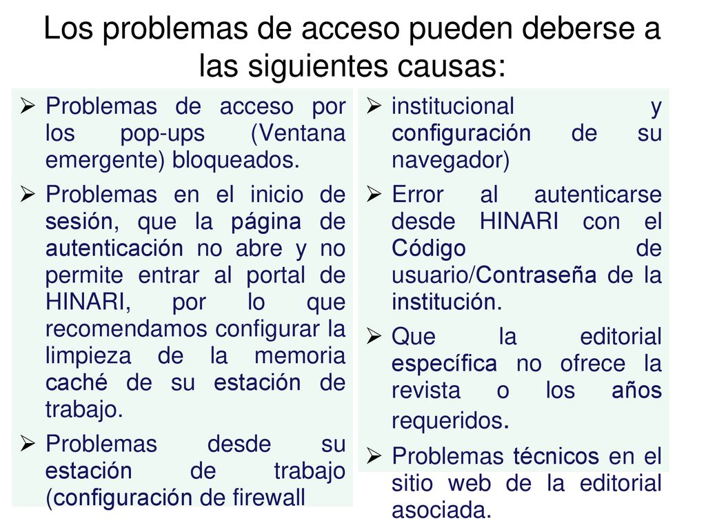 Los problemas de acceso pueden deberse a las siguientes causas: