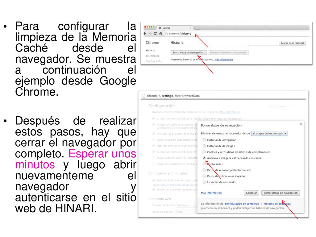 Para configurar la limpieza de la Memoria Caché desde el navegador