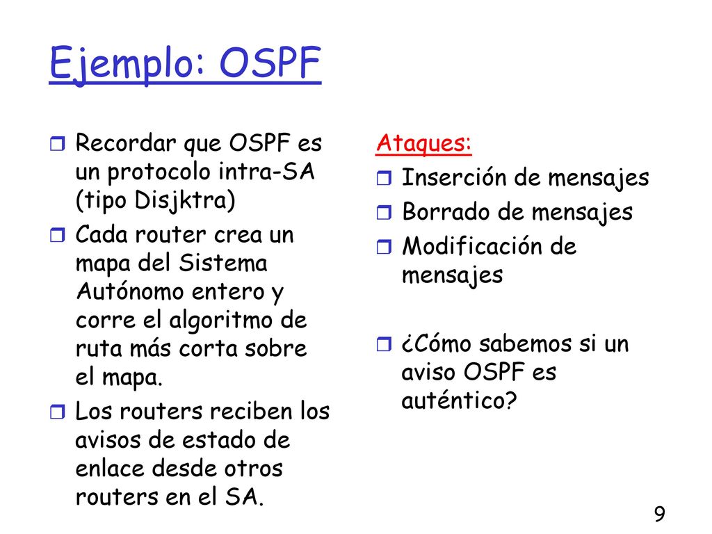 Ejemplo: OSPF Recordar que OSPF es un protocolo intra-SA (tipo Disjktra)