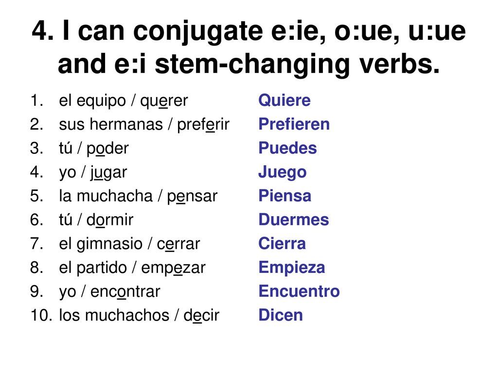 4. I can conjugate e:ie, o:ue, u:ue and e:i stem-changing verbs.
