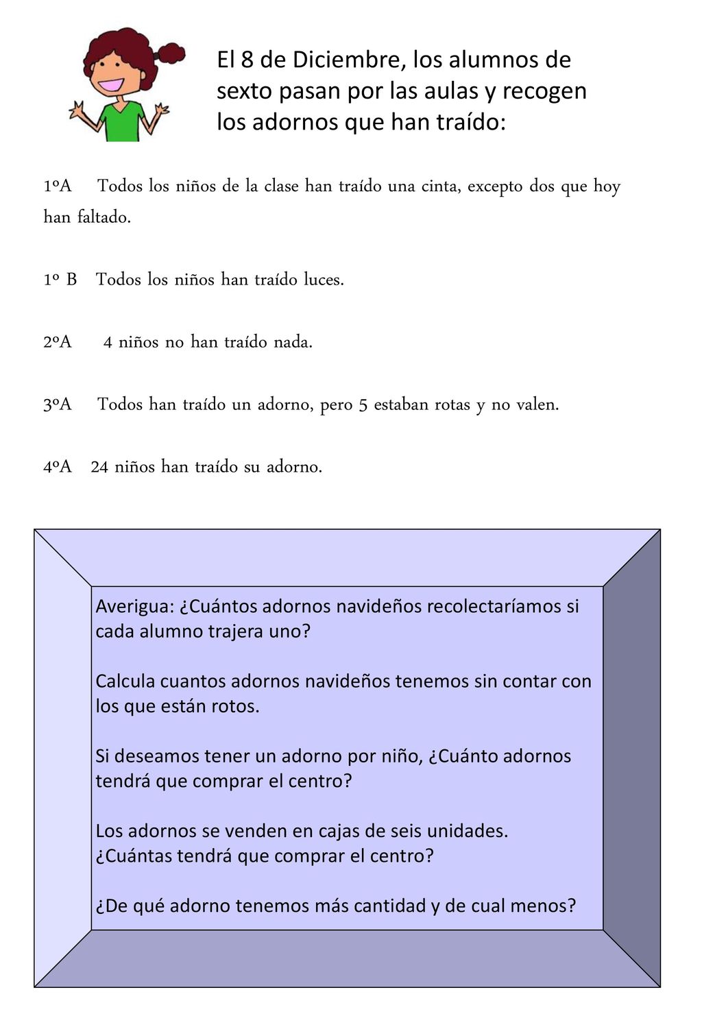 1º B Todos los niños han traído luces. 2ºA 4 niños no han traído nada.