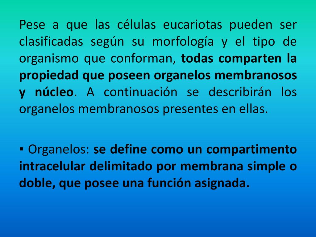 Pese a que las células eucariotas pueden ser clasificadas según su morfología y el tipo de organismo que conforman, todas comparten la propiedad que poseen organelos membranosos y núcleo.