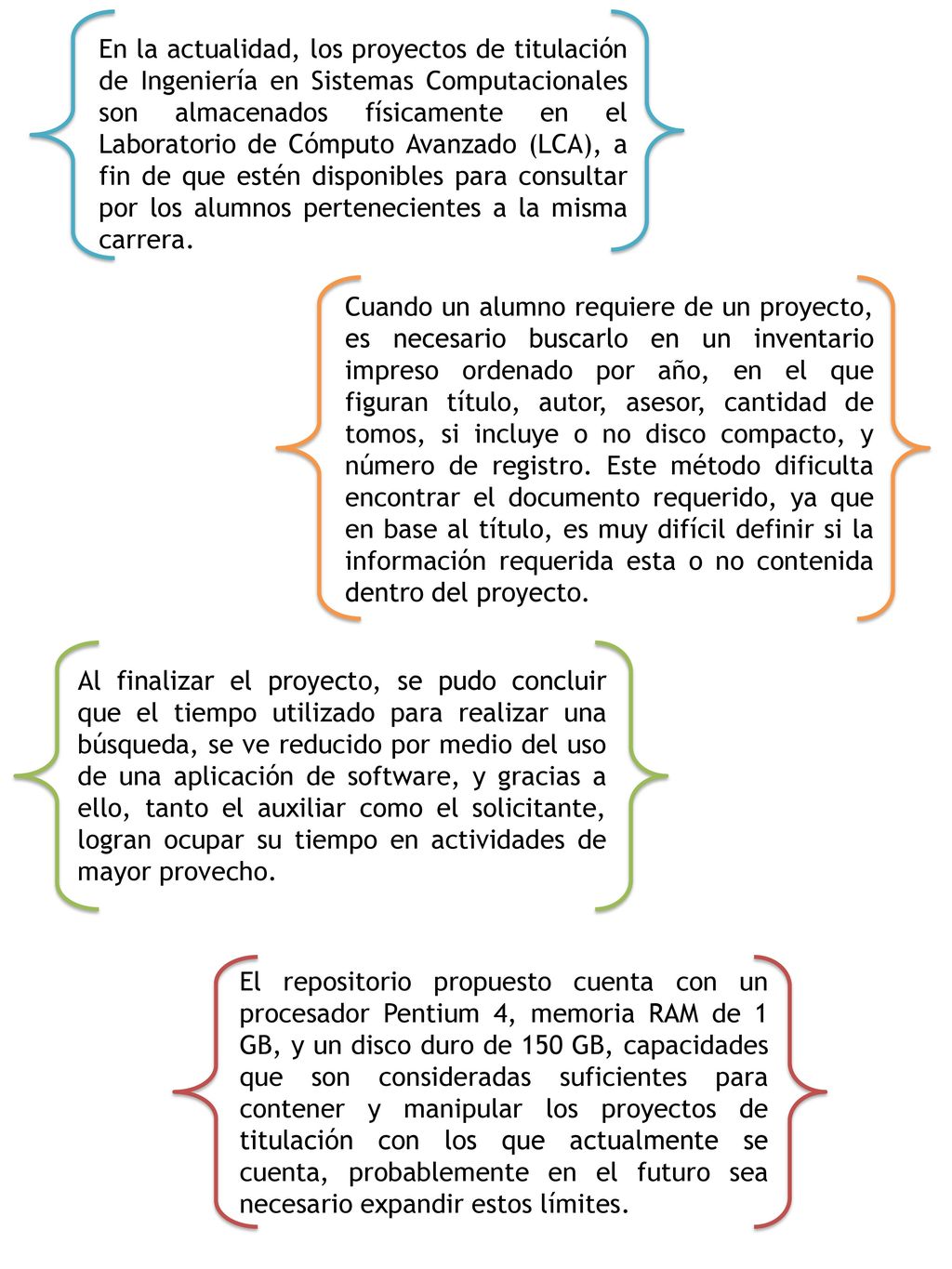 En la actualidad, los proyectos de titulación de Ingeniería en Sistemas Computacionales son almacenados físicamente en el Laboratorio de Cómputo Avanzado (LCA), a fin de que estén disponibles para consultar por los alumnos pertenecientes a la misma carrera.
