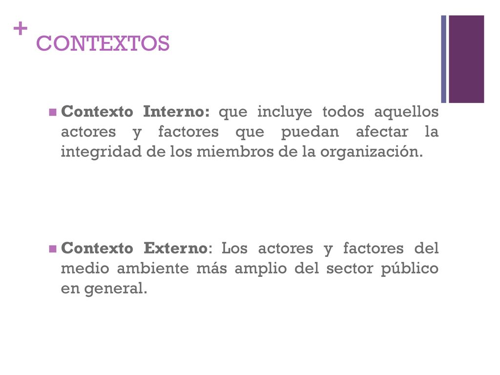 CONTEXTOS Contexto Interno: que incluye todos aquellos actores y factores que puedan afectar la integridad de los miembros de la organización.