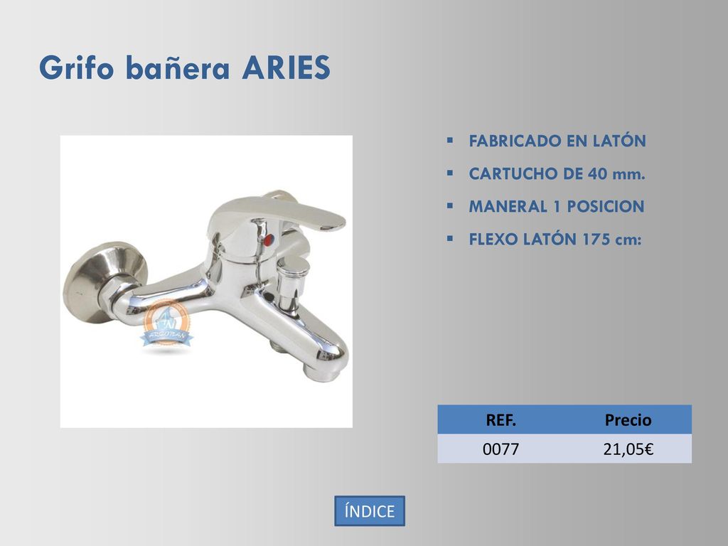 Grifo bañera ARIES FABRICADO EN LATÓN CARTUCHO DE 40 mm.