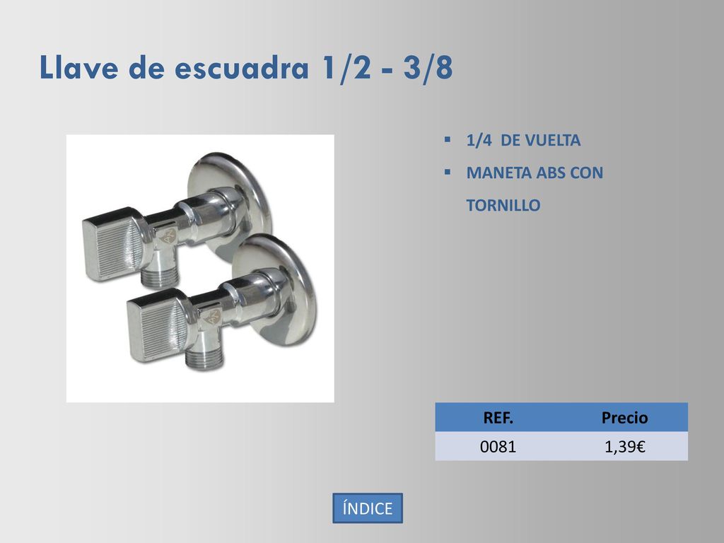 Llave de escuadra 1/2 - 3/8 1/4 DE VUELTA MANETA ABS CON TORNILLO REF.