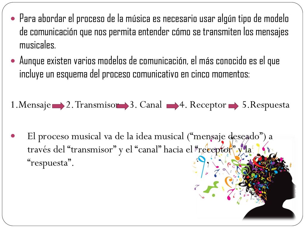 Para abordar el proceso de la música es necesario usar algún tipo de modelo de comunicación que nos permita entender cómo se transmiten los mensajes musicales.