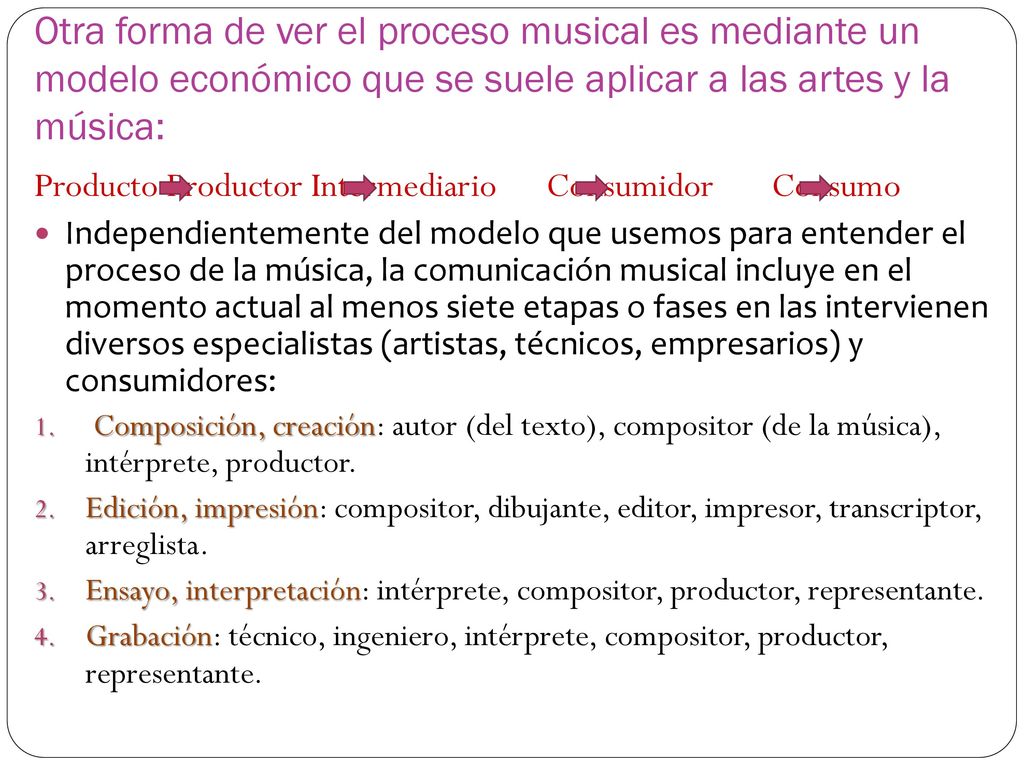 Otra forma de ver el proceso musical es mediante un modelo económico que se suele aplicar a las artes y la música: