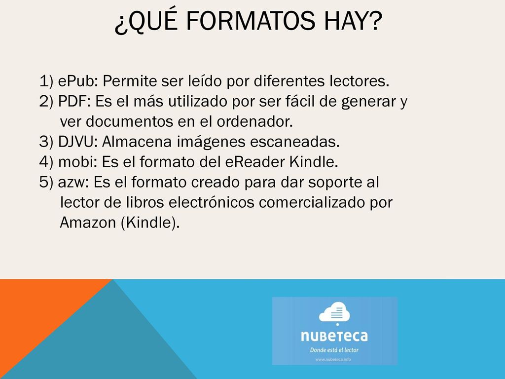 ¿QUÉ FORMATOS HAY 1) ePub: Permite ser leído por diferentes lectores.