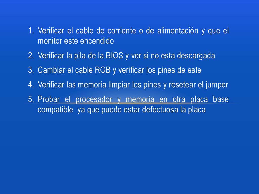 Verificar el cable de corriente o de alimentación y que el monitor este encendido