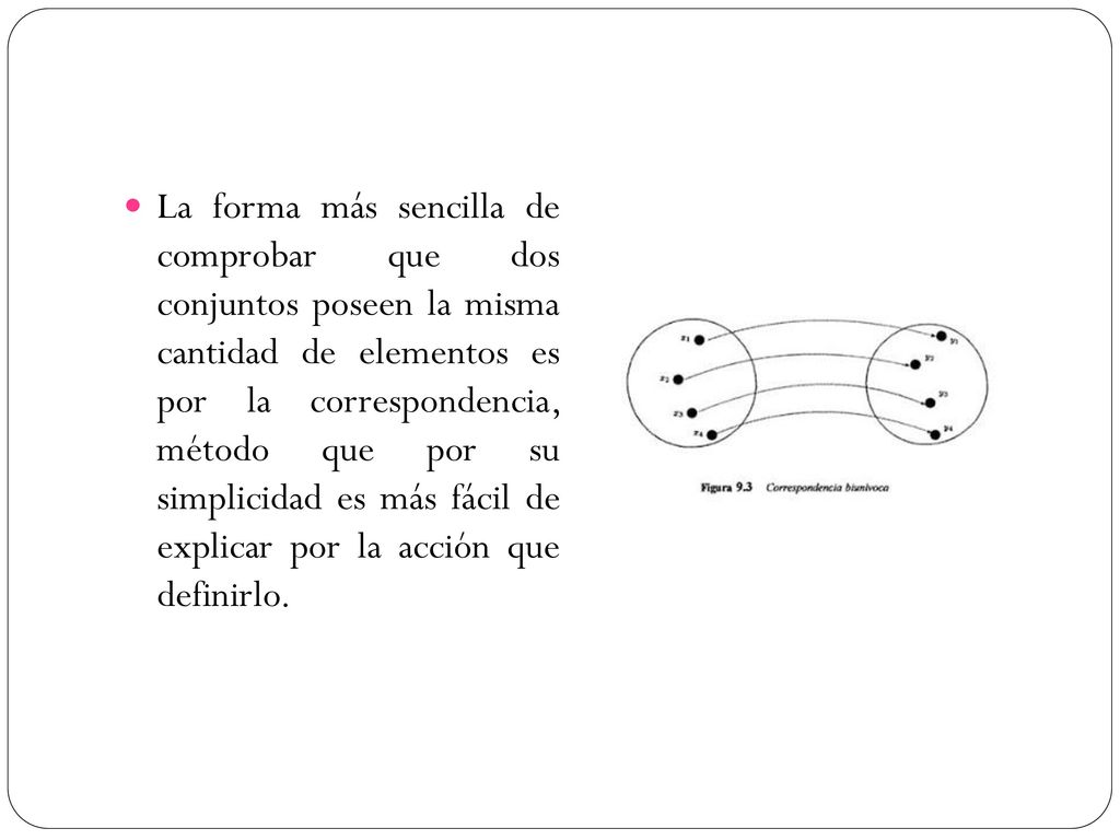 La forma más sencilla de comprobar que dos conjuntos poseen la misma cantidad de elementos es por la correspondencia, método que por su simplicidad es más fácil de explicar por la acción que definirlo.