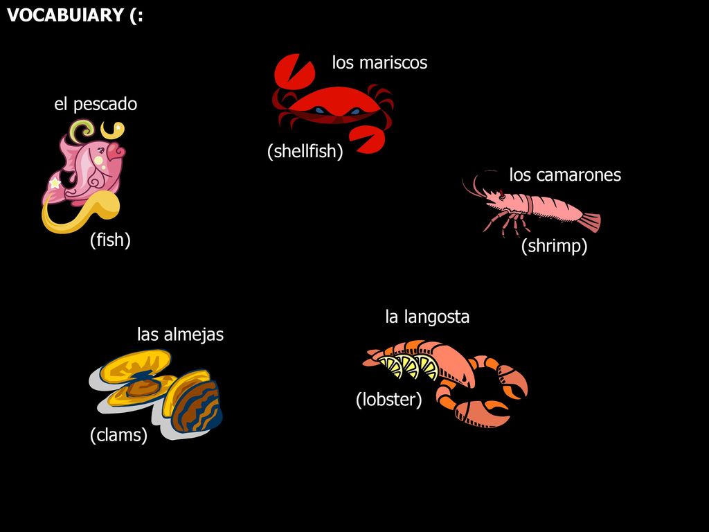 VOCABUlARY (: los mariscos. el pescado. (shellfish) los camarones. (fish) (shrimp) la langosta.