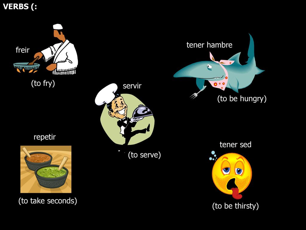 VERBS (: tener hambre. freir. (to fry) servir. (to be hungry) repetir. tener sed. (to serve)