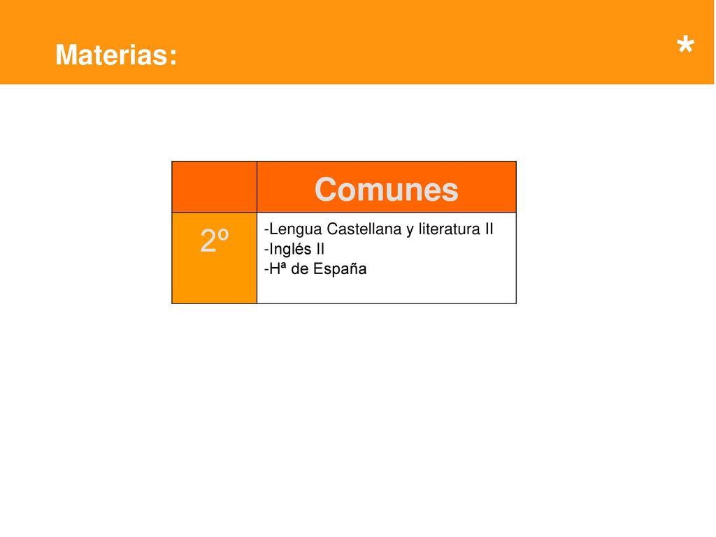* Comunes 2º Materias: -Lengua Castellana y literatura II -Inglés II