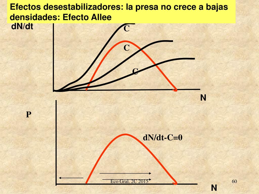 Efectos desestabilizadores: la presa no crece a bajas densidades: Efecto Allee