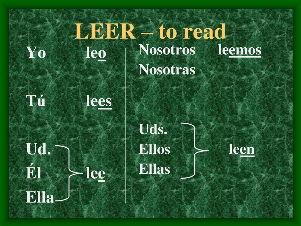 LEER – to read Yo leo Tú lees Ud. Él lee Ella Nosotros leemos Nosotras