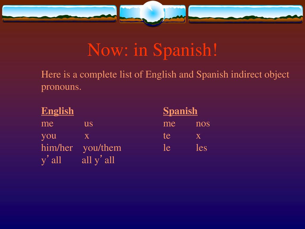 Now: in Spanish! Here is a complete list of English and Spanish indirect object. pronouns. English Spanish.