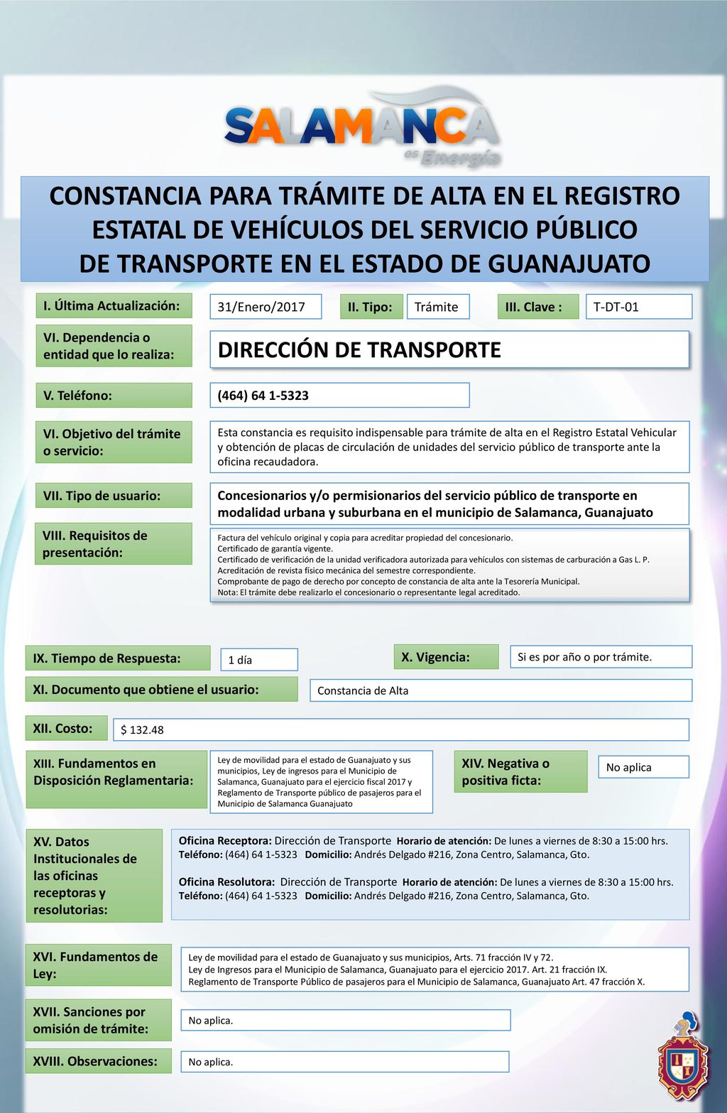 CONSTANCIA PARA TRÁMITE DE ALTA EN EL REGISTRO ESTATAL DE VEHÍCULOS DEL SERVICIO PÚBLICO DE TRANSPORTE EN EL ESTADO DE GUANAJUATO