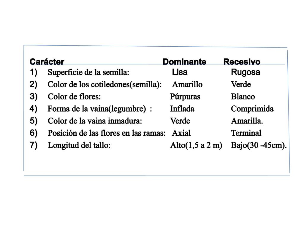 Carácter Dominante Recesivo 1) Superficie de la semilla: Lisa Rugosa