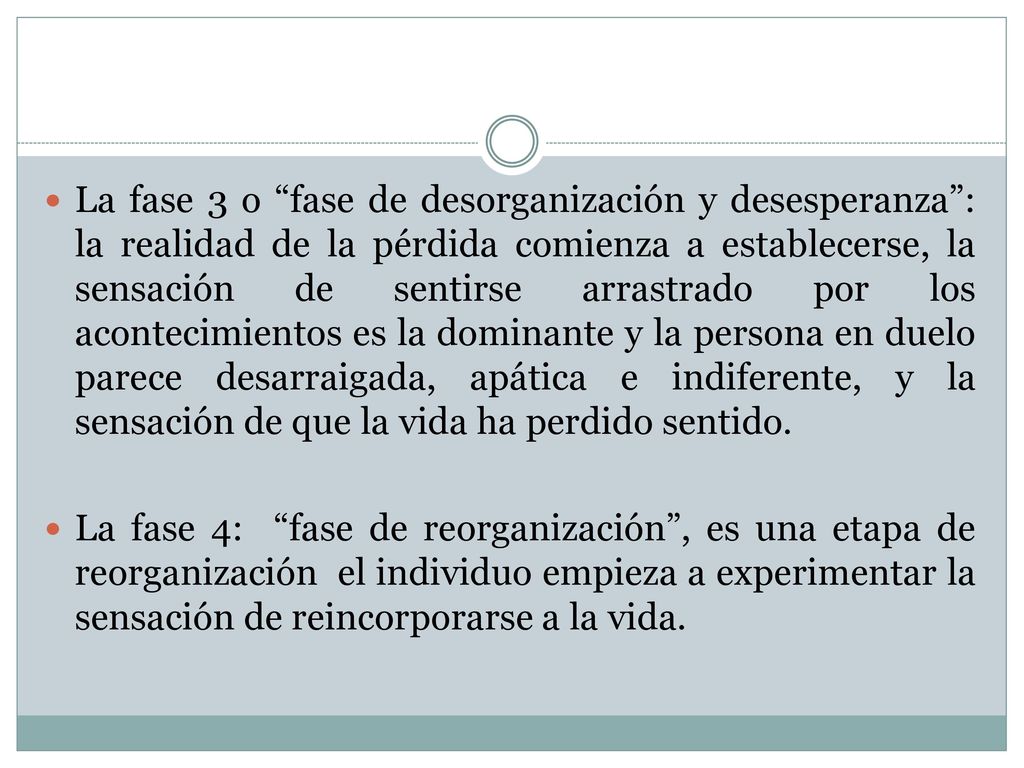 La fase 3 o fase de desorganización y desesperanza : la realidad de la pérdida comienza a establecerse, la sensación de sentirse arrastrado por los acontecimientos es la dominante y la persona en duelo parece desarraigada, apática e indiferente, y la sensación de que la vida ha perdido sentido.